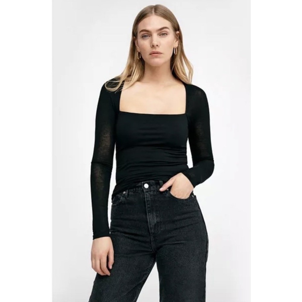 NEW Marcella Lonnie Top Black Sheer Long Sleeve Minimalist Medium